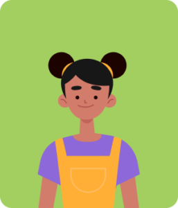 a girl with a purple t-shirt and yellow overalls.