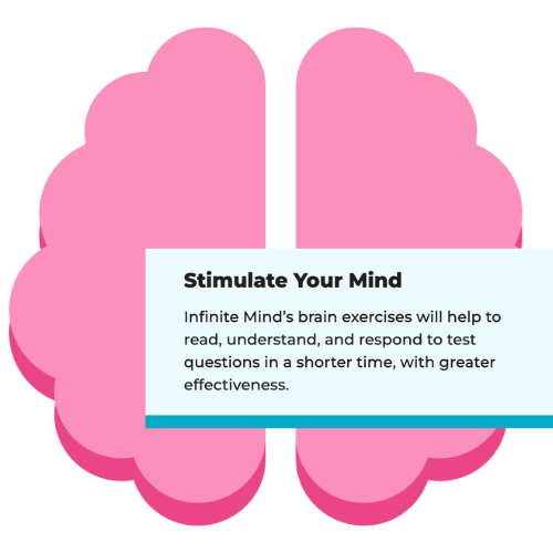 brain with blue bubble that says stimulate your mind. Infinite Mind's brain exercises will help to read, understand, and respond to test questions in a shorter time, with great effectiveness.