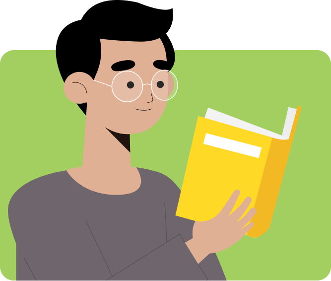 a man with glasses holding a yellow book and reading it.