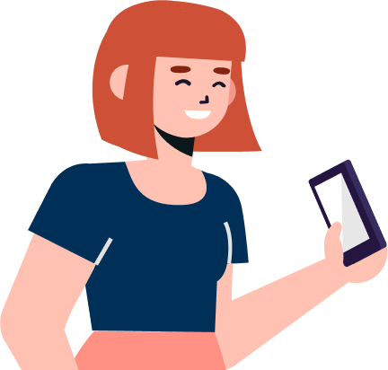 a woman with red hair, blue shirt holding a phone and smiling.