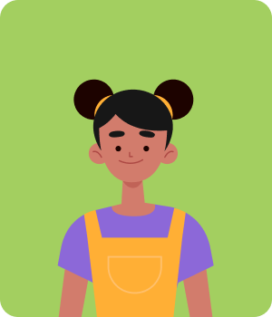 a girl with a purple t-shirt and yellow overalls.