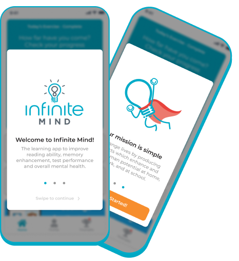 2 phones showing different parts or our infinite mind app