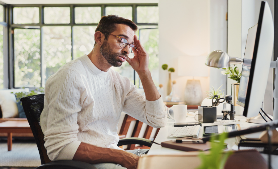 Tired, business man and computer in home office