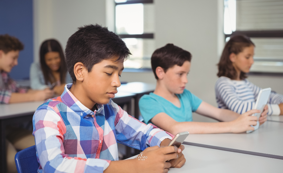 Students with digital tablet and mobile phone in classroom