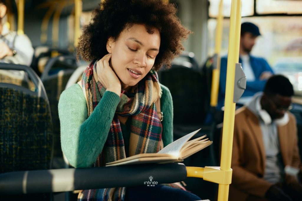 woman practicing mental fitness with habit stacking on commute
