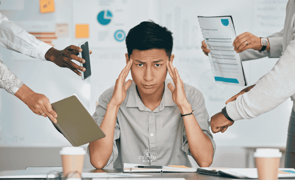 Stress, overworked and headache with businessman multitasking