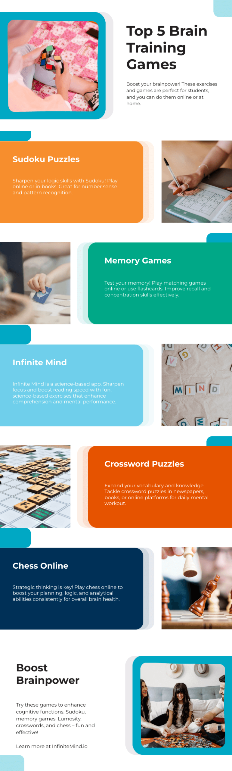 infographic of top 5 brain training exercises and games