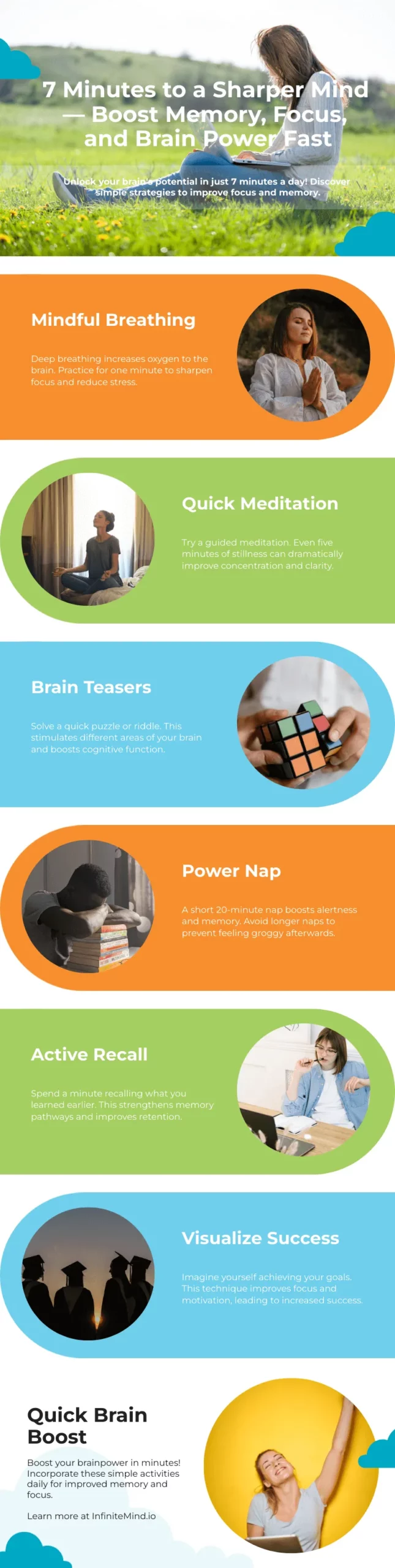 Infographic from InfiniteMind.io showing proven 7-minute daily methods to boost brain function, memory, focus, and mental power.