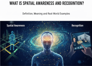 A visual representation of Spatial Awareness and Recognition, showing a glowing brain at the center with a human figure representing spatial awareness on the left and a hand holding a tablet showing an augmented reality room layout representing recognition on the right.