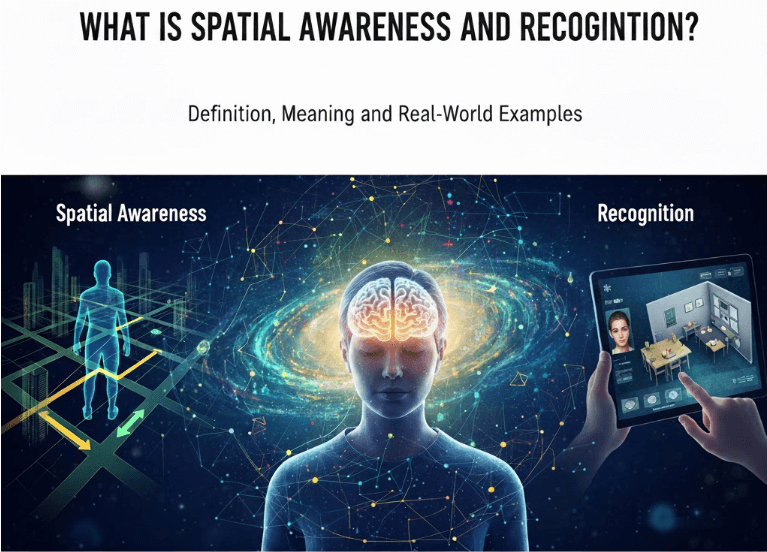 A visual representation of Spatial Awareness and Recognition, showing a glowing brain at the center with a human figure representing spatial awareness on the left and a hand holding a tablet showing an augmented reality room layout representing recognition on the right.