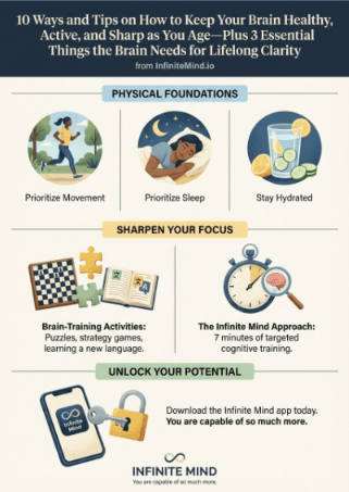 Infographic of 10 Ways and Tips on How to Keep Your Brain Healthy, Active, and Sharp as You Age—Plus 3 Essential Things the Brain Needs for Clarity